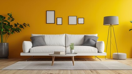 Modern Living Room with Yellow Wall and White Sofa