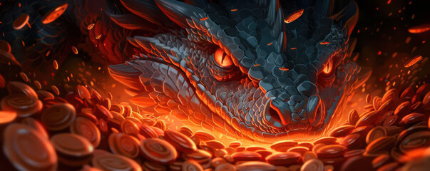 Fiery reds and blacks in a dragon s lair filled with treasure, Illustration, High contrast, Dramatic scene