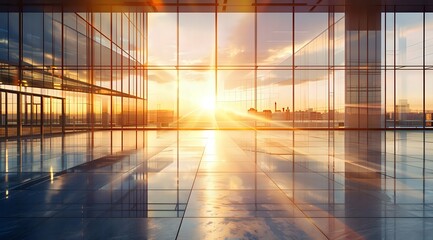 Fototapeta premium Golden Hour Reflections: Modern Office with City Sunset View