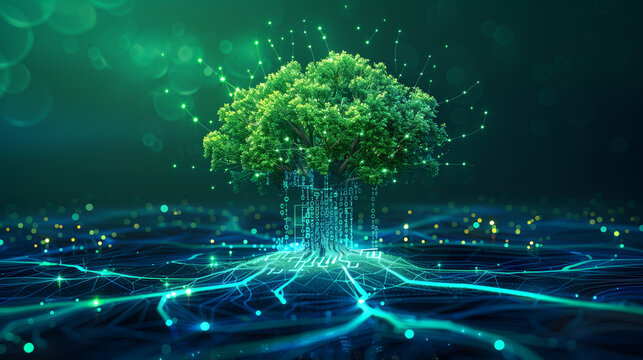 Symbolic tree with digital roots and branches representing knowledge and technology