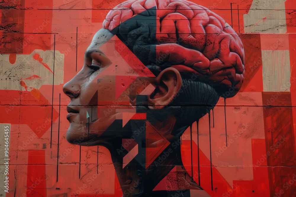 Poster brain with neural map overlay against rustic urban textures, blending traditional architecture with 