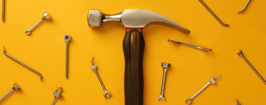 A hammer with various attachments spread around, illustrating its versatility in DIY projects, Pop Art, Bright colors, Bold lines