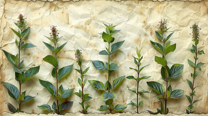 Botanical Illustration of Various Plants and Herbs on Aged Paper Background, Blending Nature and Vintage Aesthetic. Mint background