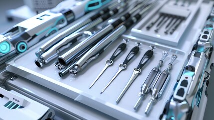An array of advanced robotic surgical instruments neatly arranged on a sterile tray, ready for use.