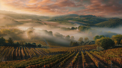 Mystical early morning fog rolling over the picturesque vineyards of Tuscany, Italy, with mist...