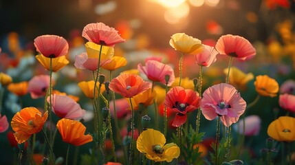 Obraz premium Poppy Sunset Serenade: A vibrant field of poppies bathed in the golden glow of sunset, a symphony of color and tranquility. 