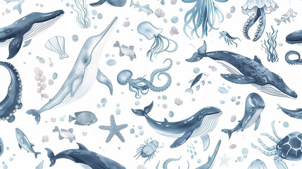Fototapeta premium Pattern of various marine life including whales, dolphins, and other sea creatures..