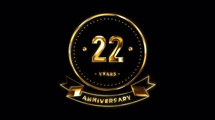 22nd Anniversary Celebration. Happy 22 Years Anniversary Animation in Gold Color on the Transparent Background, Alpha Channel. Great for greetings, celebrations, events, and gifts.