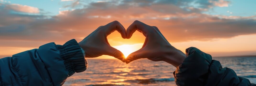 Young couple making heart shape with hands on the beach at sunset. Lovers on honeymoon, Valentine's day concept
