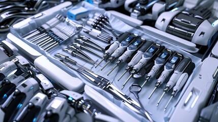 Fototapeta premium An array of robotic instruments neatly organized on a sterile tray, ready for a high-tech surgical operation.