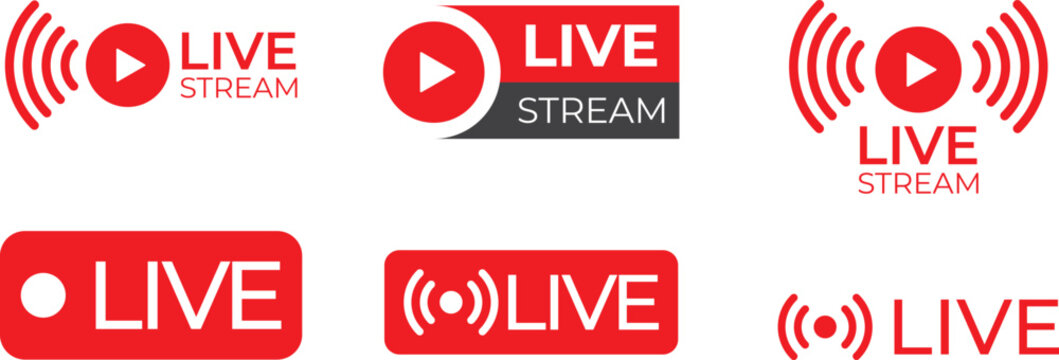 Live Stream Collection. Live streaming vector templates on white background for social media, label, sticker or logo.