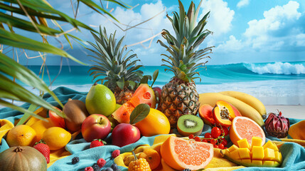 Fresh tropical fruits on a beach setting