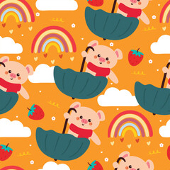 cute seamless pattern cartoon pig playing with umbrella, with sky element. cute wallpaper for fabric print, gift wrap paper