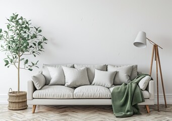 Minimalist Living Room with White Sofa and Green Throw Blanket