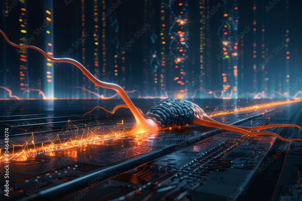 Poster neon-infused neural networks depicting cognitive pathways in a futuristic urban setting, symbolizing