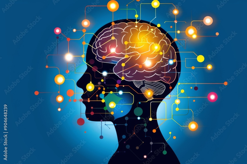 Poster illuminated brain with cosmic background, symbolizing the universe within our minds and expansive th