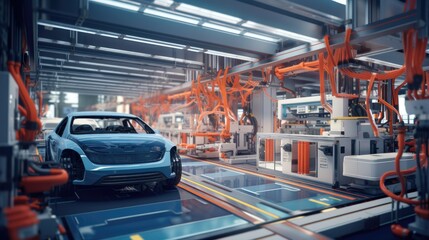Naklejka premium electric vehicle production facility, highlighting various stages of assembly, from battery installation to final quality checks in a high-tech environment,generative ai