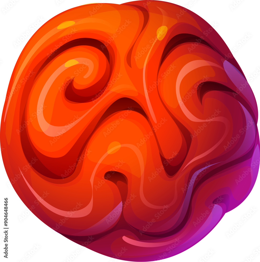 Poster Cartoon fantasy alien space planet, galaxy game asset. Vector mysterious celestial body with swirling pattern on its surface. planet in shades of orange and red, float in dark star-filled outer cosmos