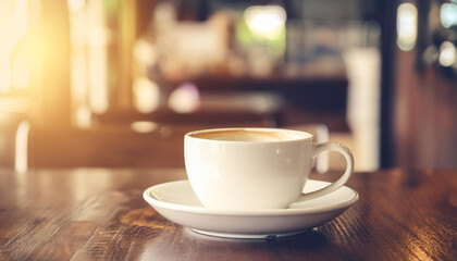Coffee cup in coffee shop with wood background; vintage filter