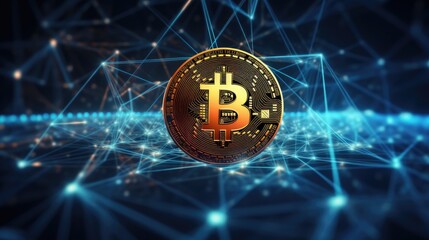  Bitcoin with digital network and blockchain symbols,generative ai