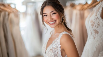 Naklejka premium A woman is smiling in front of a rack of wedding dresses