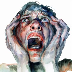 Watercolor painting of fear, on isolated white background, Generative AI