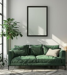 Modern Living Room with Green Sofa and Empty Frame
