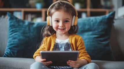 A young girl is sitting on a couch with a tablet in her lap