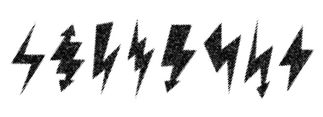 Halftone grunge lightning bolt set. Dotted thunder bolt symbol collection. Rough pixel flash thunderbolt element pack for poster, banner, graphic design. Textured strike arrow sign bundle. Vector