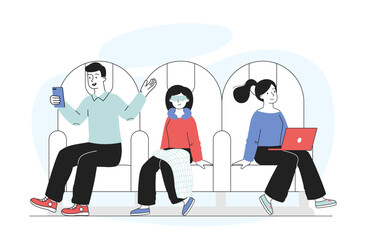 Passengers in airplane. Man with smartphone, woman with laptop and girl sitting inside air vehicle. Travel and tourism. People inside plane. Linear vector illustration