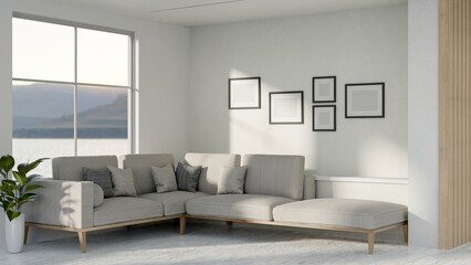 The interior design of a contemporary living room featuring a large comfortable couch and decor.