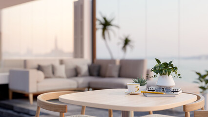 A space on a wooden table in a luxurious contemporary living room with a sea view.