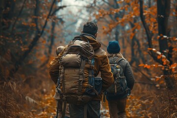 Naklejka premium Hikers in Autumn Forest