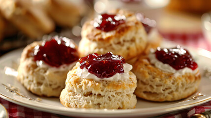 Freshly baked scones with clotted cream and strawberry jam