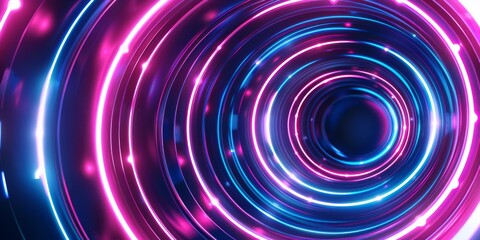Obraz premium Abstract neon light circles on vibrant blue background with cyber, futuristic design