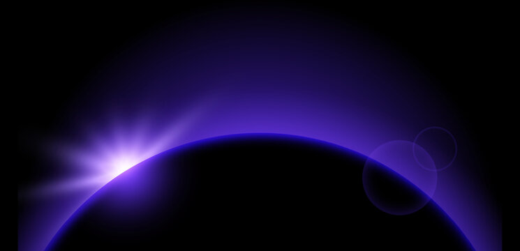 Purple planet eclipse concept. Solar light glare effect. Glowing sunrise horizon in dark space. Earth halo with shining edge. Vector illustration design for poster, banner, cover, brochure, booklet