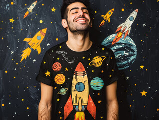 A man in a retro-style space exploration t-shirt featuring rocket ships and alien planets, against a solid galaxy starry night sky background.