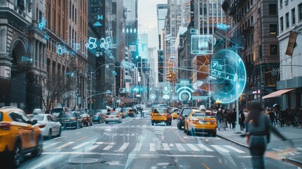 An augmented reality interface overlaying a bustling urban street, showing real-time navigation and information.