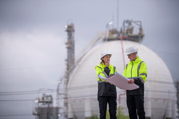 Engineers wearing safety gear, including hard hats examining survey a large blueprint tablet standing industrial facility gas or oil refinery engaged in a job requires high safety standards concept.