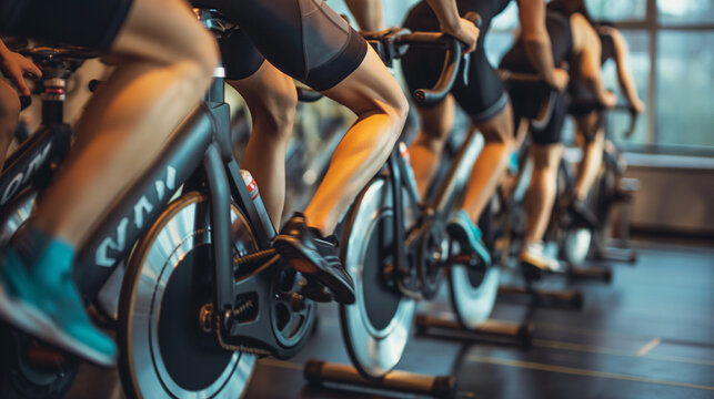 A group of people are riding stationary bikes in a gym