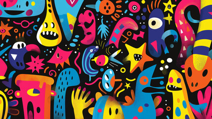 Obraz premium A colorful and abstract painting of various creatures, including a star