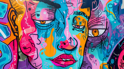 Obraz premium A colorful painting of a woman's face with a blue eye
