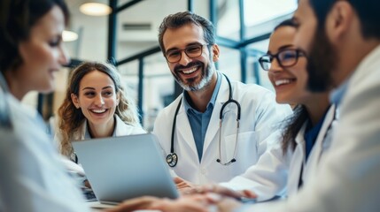 A group of doctors are smiling and laughing while looking at a laptop
