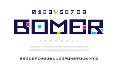 Bomer creative modern geometric urban alphabet font. Digital abstract futuristic, game, techno, robot, music, logo, sport, minimal technology typography. Simple numeric vector illustration