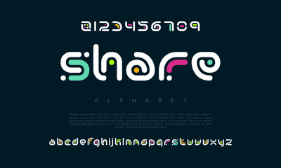 Share creative modern geometric urban alphabet font. Digital abstract futuristic, game, techno, robot, music, logo, sport, minimal technology typography. Simple numeric vector illustration