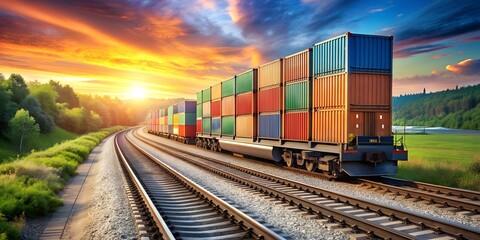 Fototapeta premium Freight Train Hauling Container Boxes Across Tracks