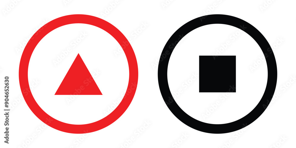 Poster play stop or start icons set. play stop or start pause icon set of red and black round button symbol