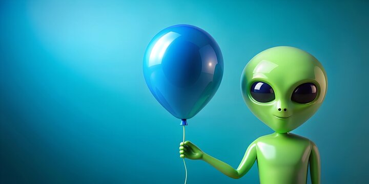 Green Alien Holding a Blue Balloon in a Monochromatic Blue Setting