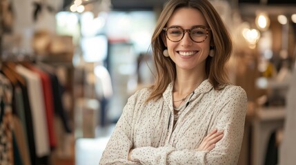 Fototapeta premium A woman is smiling and posing for a picture in a store