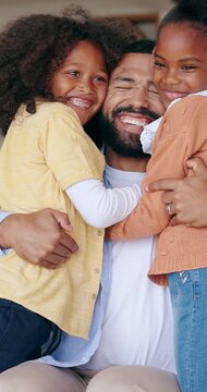 Love, face or father with children to hug in home for care, safety or bond together to relax. Smile, siblings or happy single parent dad with fun kids for support, trust or comfort in family house
